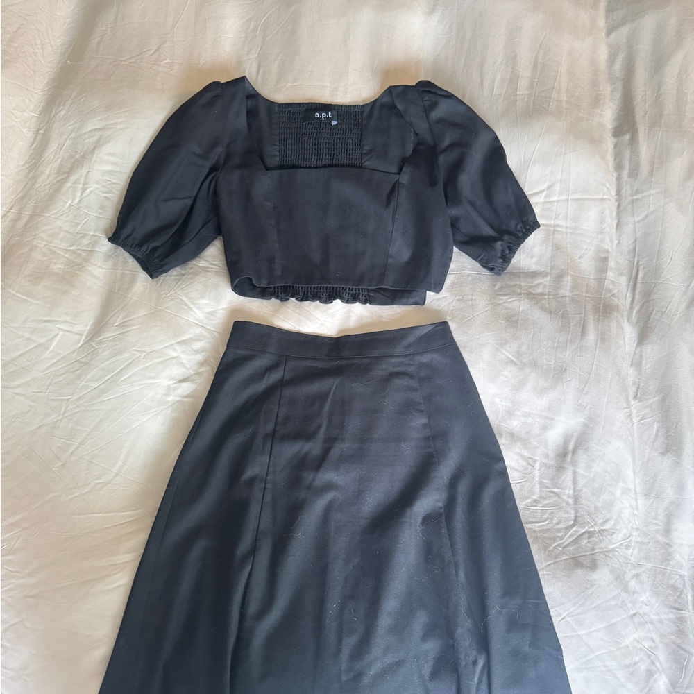 Reformation inspired Chic Black Midi Skirt Set